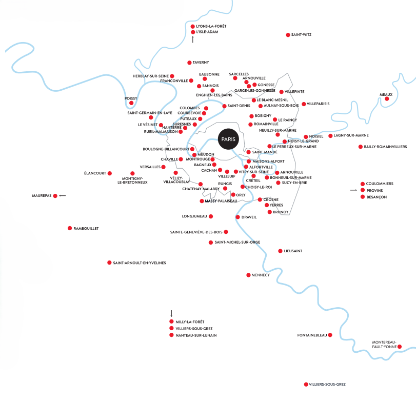 Carte Ile-de-France avec des points de villes avec des événements de l'Orchestre